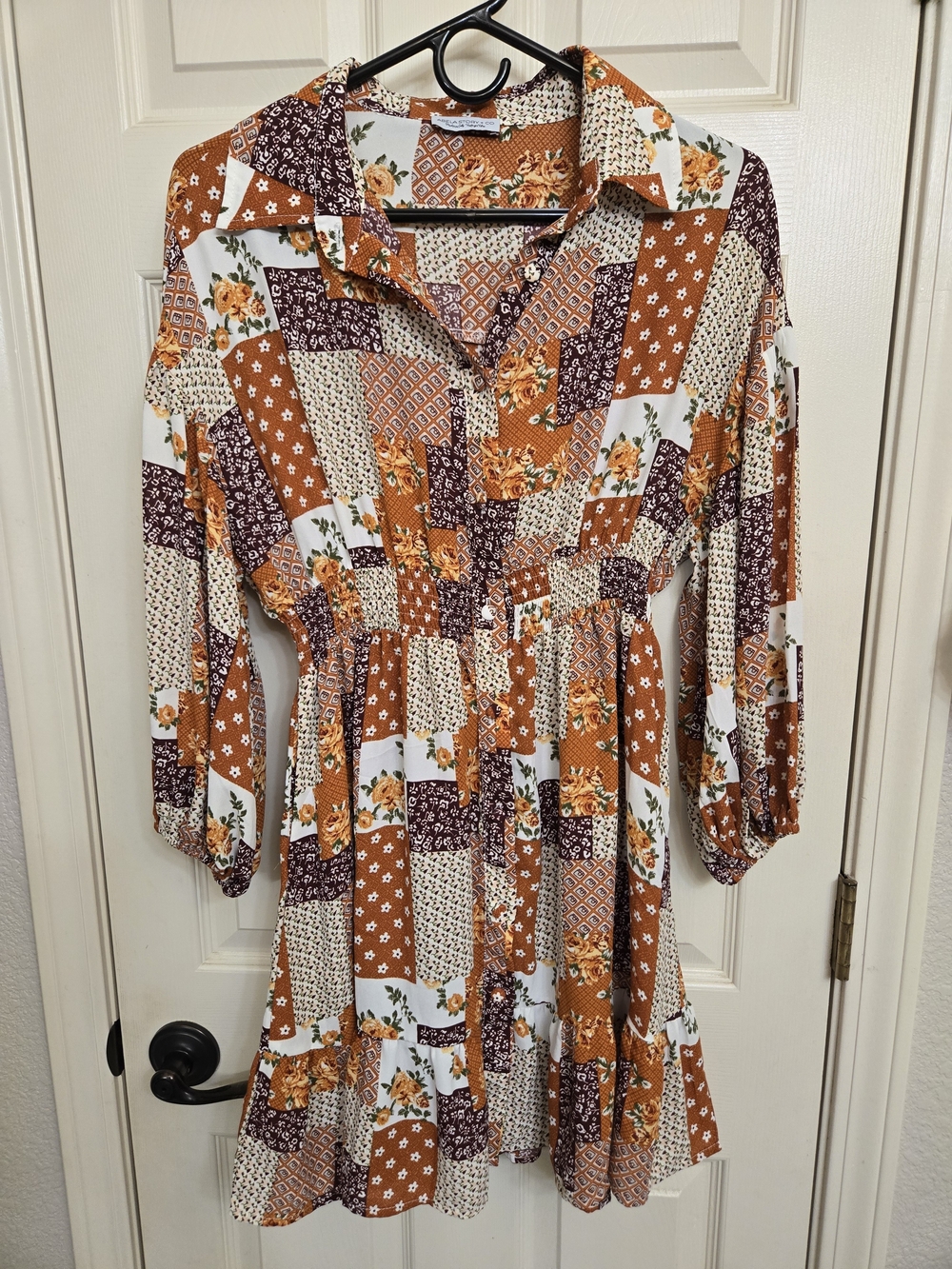 NWOT Abela Story + Co Patchwork Floral Button-Front Women’s Dress in Rust, Small